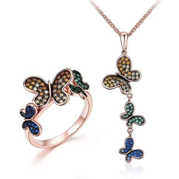 Sobling Elegant 3pcs Butterfly Jewelry Sets 925 Sterling Silver Rings and dangling Pendant Necklace with colorful CZ paved For Women Wedding Gift Fine Jewelry