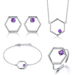 Sobling Natural Amethyst Gemstone geometric hexagon 4pcs simple classic Jewelry Set Sterling Silver Necklace Ring Earrings Bracelet For Women Fine Jewelry New