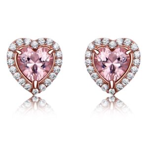 Sobling Pink Morganite Gemstone Heart Stud Earrings with CZ halo settings for Women 925 Sterling Silver Anniversary Wedding Jewelry Party Gift