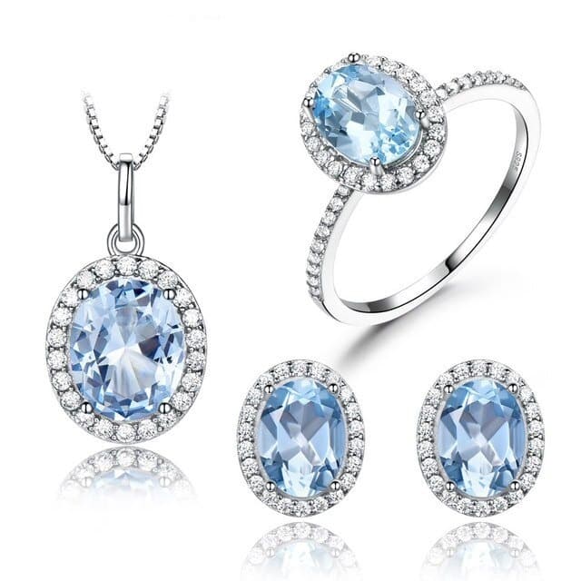 Sobling customized Sky Blue oval Topaz Gemstone aquamarine halo Jewelry Sets for Women Sterling Silver Promise Engagement halo Ring box chain Pendant Necklace Stud Earrings with paved Clear CZ