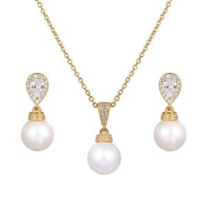 Sobling manufacture and wholesale sterling silver Exquisite Pear Cubic Zircon and Natural Shell Pearl Necklace and Earring jewelry set for Bridal or Bridesmaid