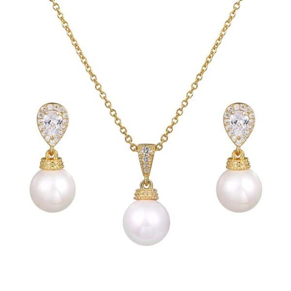 Sobling manufacture and wholesale sterling silver Exquisite Pear Cubic Zircon and Natural Shell Pearl Necklace and Earring jewelry set for Bridal or Bridesmaid