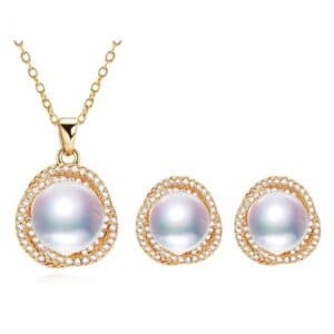 Sobling sterling silver Bird's nest natural freshwater Pearl Jewelry Sets with micropaved CZ pendant and Earring Covered by 14k Gold color