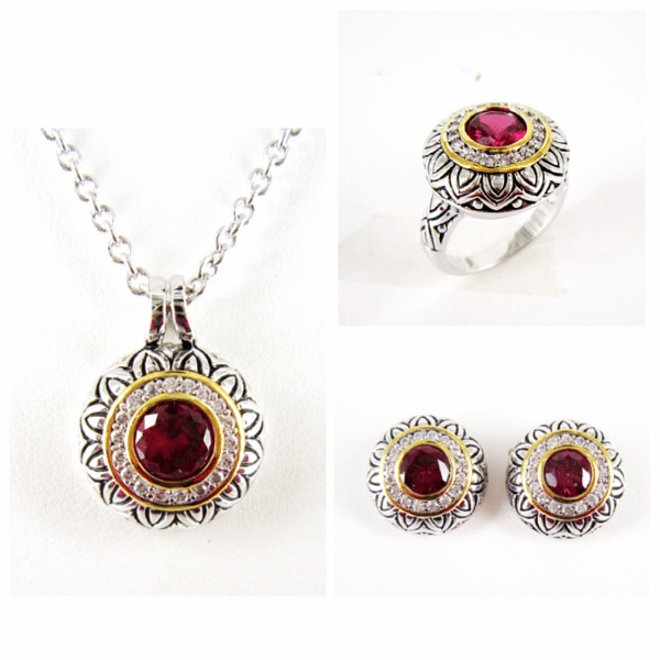 ST2061-Garnet Sobling antique bali style designer inspired jewelry set with lotus blossom patterns and round ruby corundum bezel settings (1)