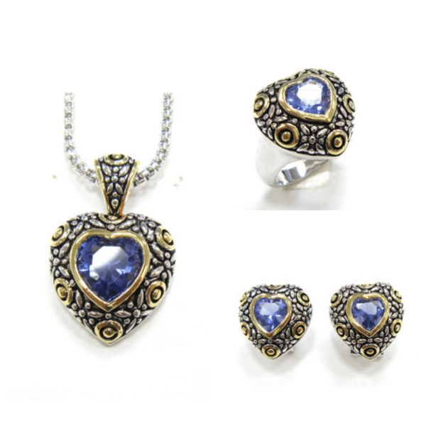 ST3612 Sobling antique bali style designer inspired jewelry set with 4 clovers and gold dots decorated and sapphire heart CZ (1)