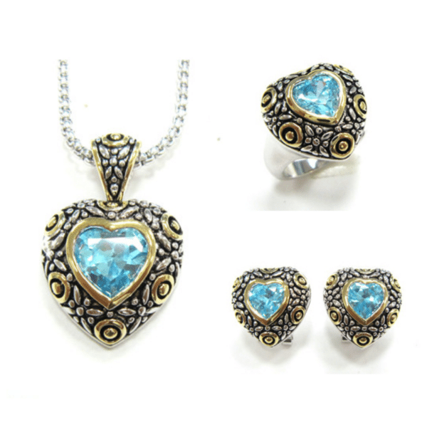 ST3612 Sobling antique bali style designer inspired jewelry set with 4 clovers and gold dots decorated and sapphire heart CZ (2)