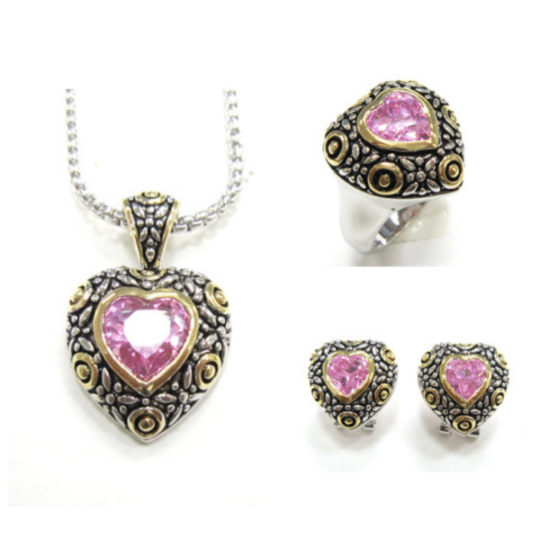 ST3612 Sobling antique bali style designer inspired jewelry set with 4 clovers and gold dots decorated and sapphire heart CZ (3)