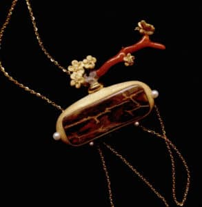 Case: Dark Fragrance Bottle Set, Mammoth Ivory Fossil, Red Coral, Pearls, Turquoise, 925 Silver Plated Gold