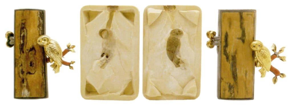 After the metal piece is finished, a rubber mold is made. The owl on the left side of the image is hand-carved from wax, while the one on the right is made using a rubber mold for wax injection modeling.