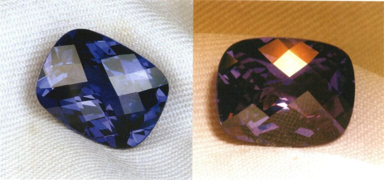 Color-changing fluorite appears purple under white light and purplish-red under yellow light.