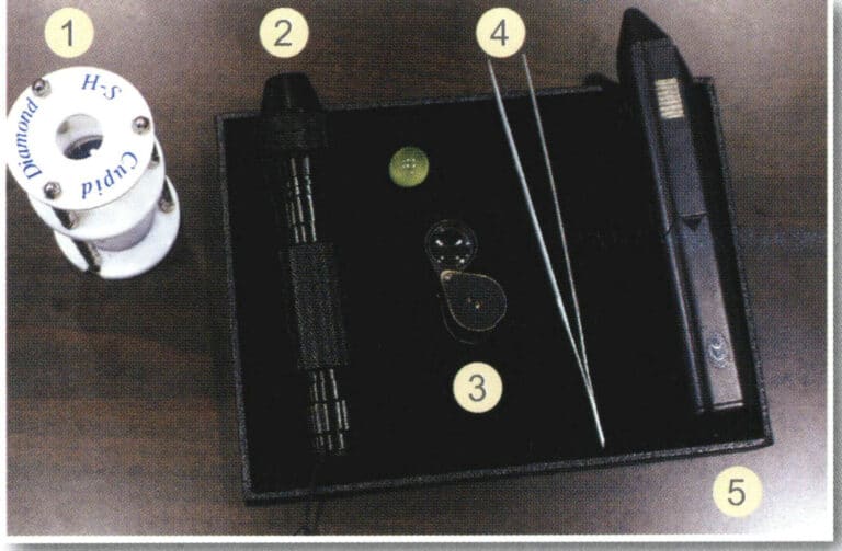 (1)Eight Hearts and Eight Arrows Viewer (2) Pen Light (3) 10x Loupe (4) Tweezers (5) Diamond Probe