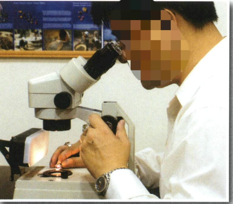 After seeing the gem, adjust its position slightly with the right hand and fine-tune the focus with the left hand until the distribution and types of inclusions in the gem are visible.