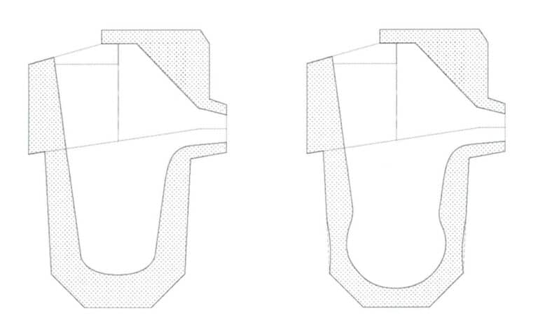 그림 5-12 용융 구역에서 석영 도가니를 여러 번 사용한 후 크기 변화의 개략도