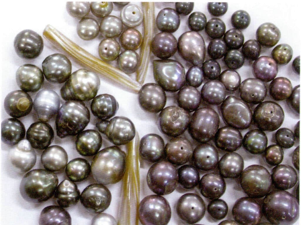 Figure 1-6-29 irradiated freshwater cultured pearls (top), Taqi black pearls (left), and dyed freshwater cultured pearls (right)