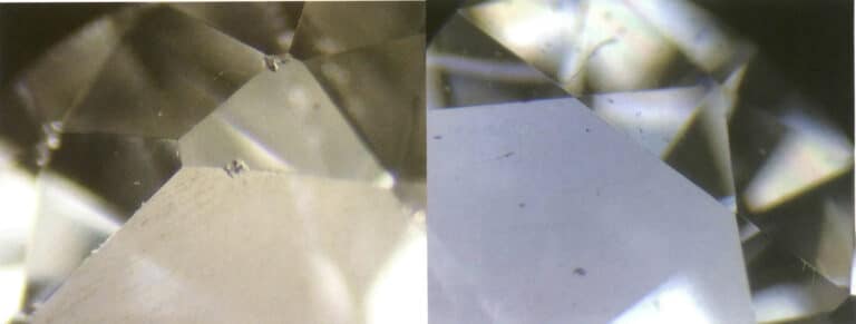 الشكل 2-4-25 الأوجه الملساء لماسة اصطناعية (إلى اليسار زركونيا مكعبة اصطناعية صلابتها 8.5 في موس، وإلى اليمين كربيد السيليكون الاصطناعي صلابته 9.25 في موس)