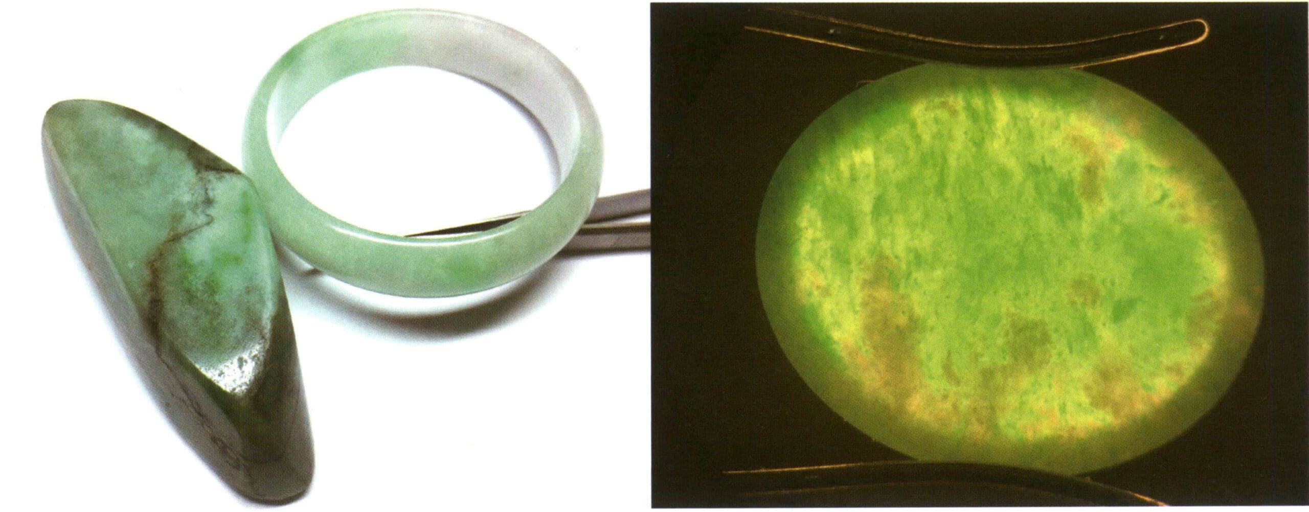 Figure 3-2-3 uses a specialized term called "color root" when describing jadeite colors (the phenomenon of concentrated jade green areas on the left side of the left image), which is one of the phenomena that can be seen in untreated Jadeite but are not visible in dyed Jadeite (the jade green on the right side of the left image is relatively uniform, with no localized color concentration); the right image shows the color root of Jadeite.