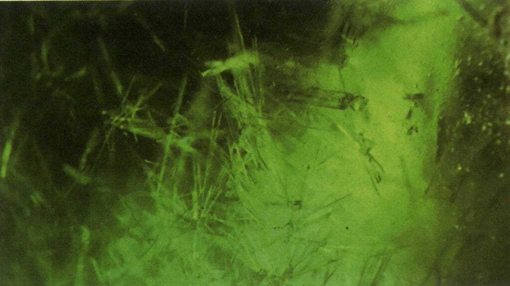 Rysunek 5-1-7 Wewnętrzne kryształy dewitryfikowanego szkła (metoda oświetlenia ciemnego pola 40X)