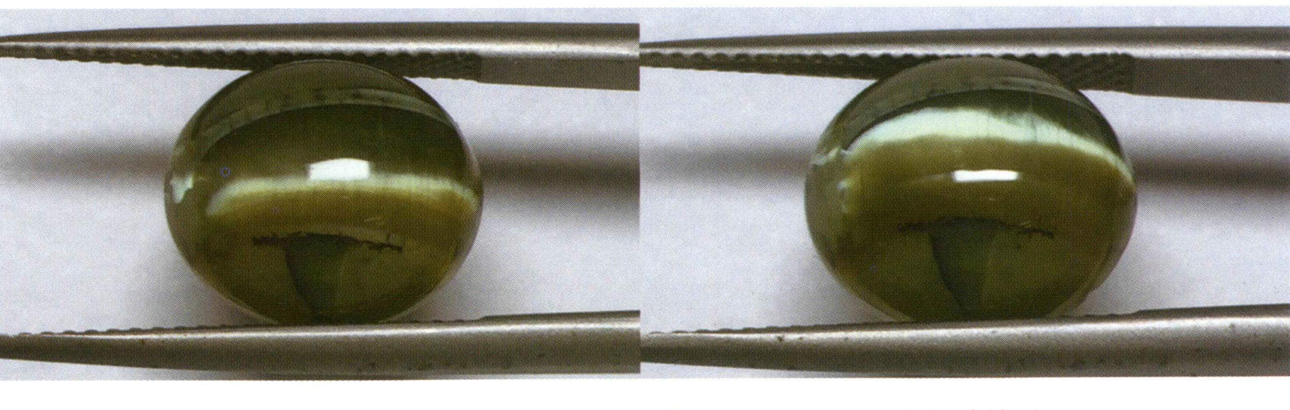 Rysunek 5-2-10 Obraz porównawczy opalu z efektem kociego oka podczas ruchu źródła światła, pokazujący ruch linii kociego oka.