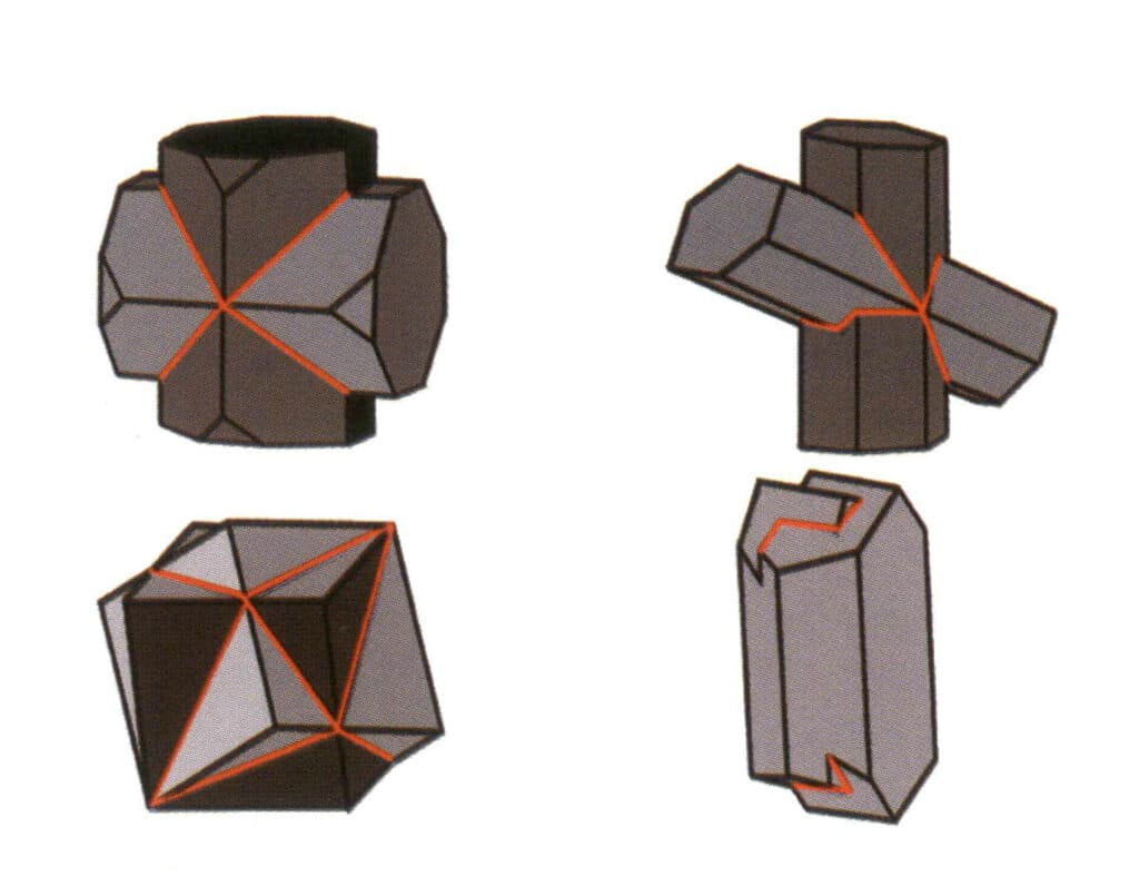 Рисунок 2-1-20 Стилолит (разные цвета на рисунке обозначают разные кристаллы; красные линии указывают на сдвоенный стилолит)