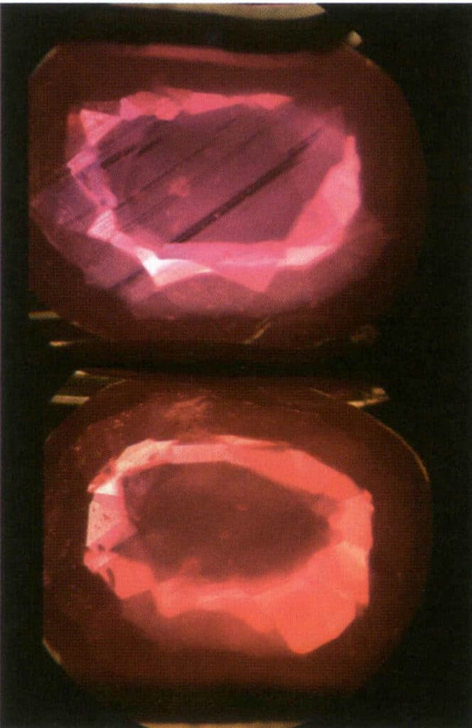 الشكل 2-3-6 أرجواني-أحمر، مع أشرطة ملونة، تختفي الأشرطة الملونة بعد التقليب (يُظهر الجزء العلوي أشرطة ألوان الياقوت، ويظهر الجزء السفلي أشرطة ألوان الياقوت بعد التقليب)