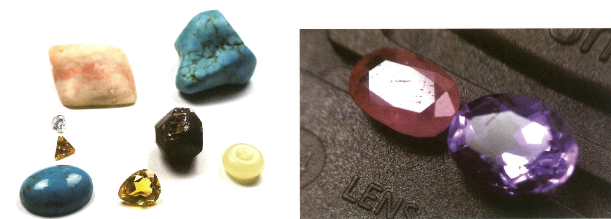 الشكل 2-3-27 أحجار كريمة ذات بريق مختلف (يُظهر الجانب الأيسر أنواعاً مختلفة من الأحجار الكريمة التي لها بريق متفاوت في ظل نفس ظروف الصقل بسبب الاختلافات في معامل الانكسار. يُظهر الجانب الأيمن أحجار الياقوت والجمشت، حيث يتميز الياقوت بمعامل انكسار أعلى من الجمشت، لذا في ظل نفس ظروف الصقل يكون للياقوت بريق أقوى من الجمشت).