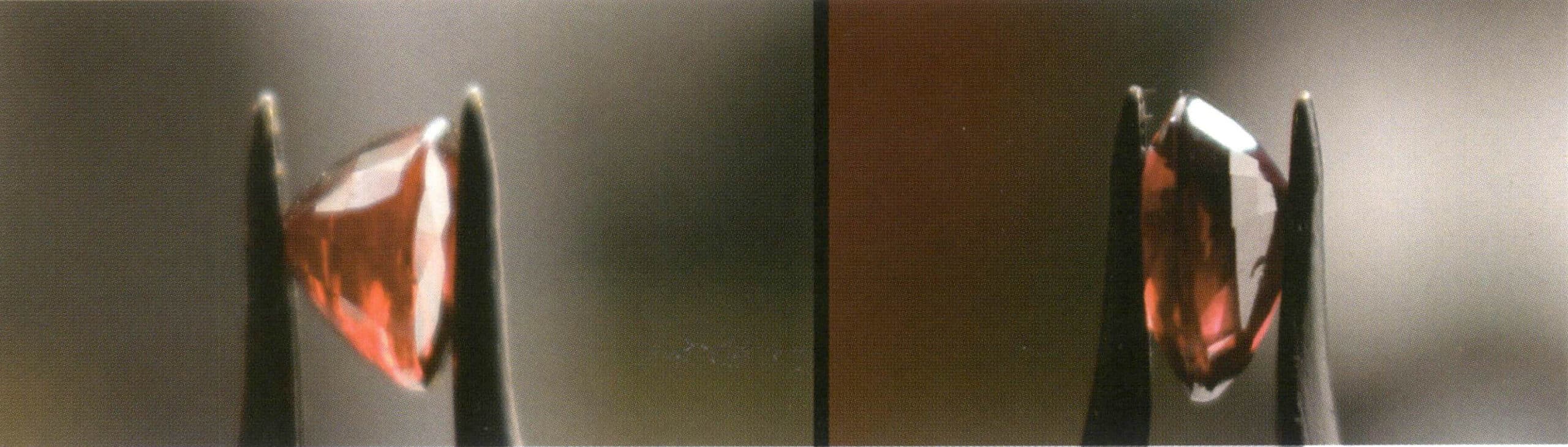 الشكل 2-3-50 ثنائية الياقوت (يظهر اللون مختلفاً عند ملاحظته من زوايا مختلفة، ويمكن ملاحظته بالعين المجردة)