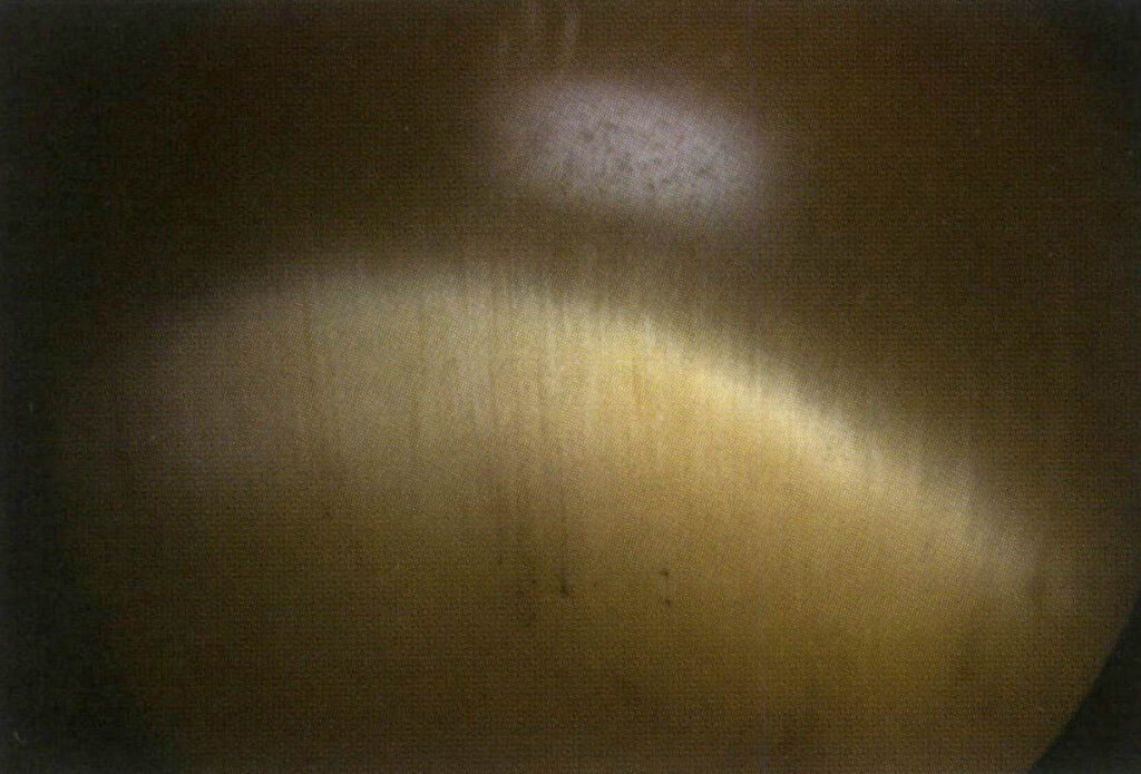 يُظهر الشكل 2-3-61 الترتيب المتوازي الكثيف للشوائب التي لوحظت في جوهرة ذات تأثير عين القطة'، بعد تكبير مقطع الشريط الساطع.