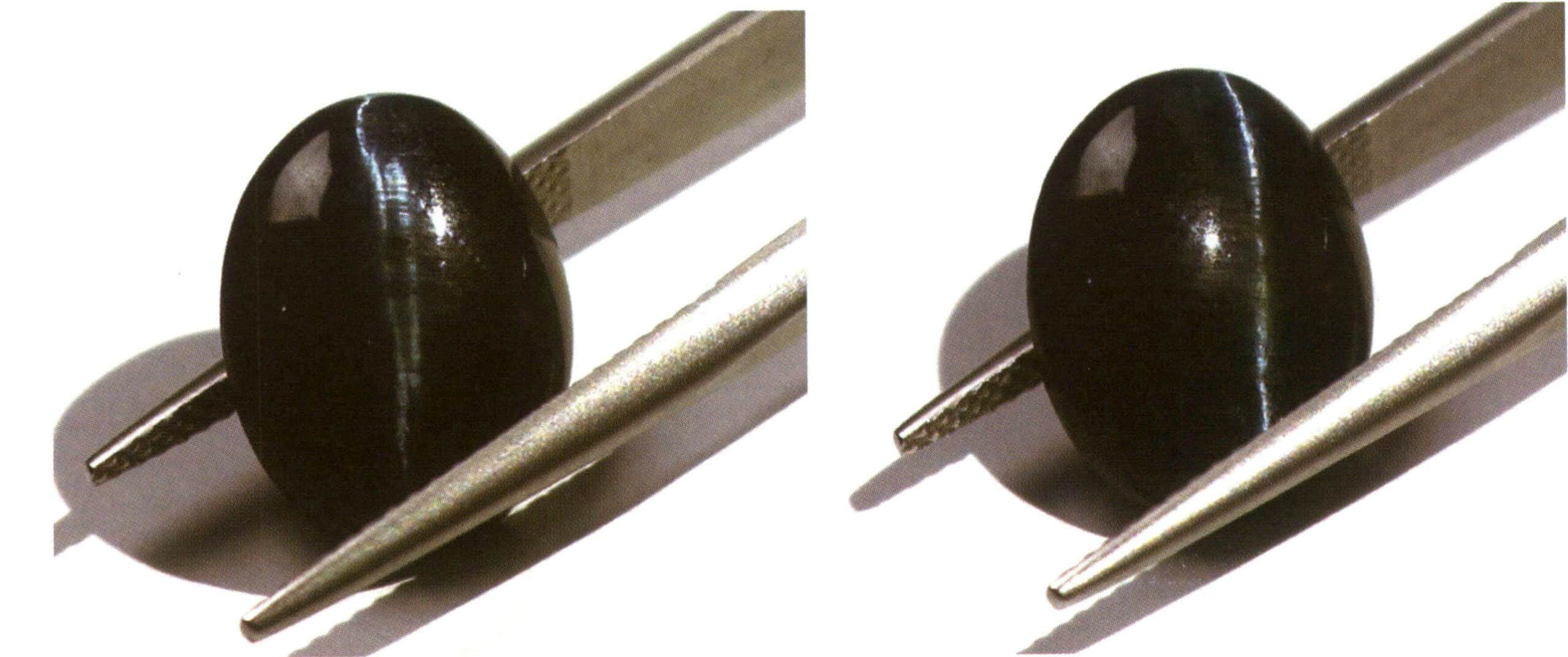 يقارن الشكل 2-3-65 بين حركة خط عين القطة'في الجوهرة مع تأثير عين القطة'، بينما يتحرك مصدر الضوء.