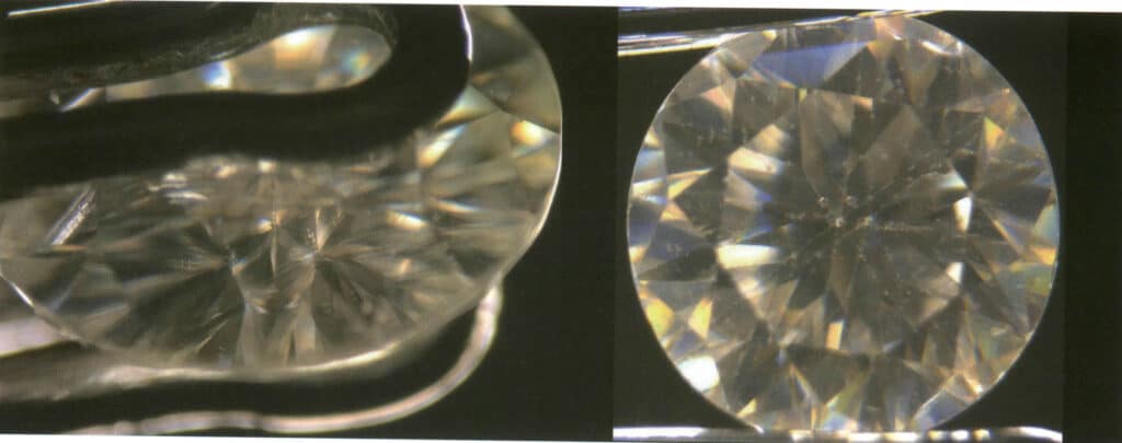 الشكل 2 - 3 - 105 ظاهرة الانكسار المزدوج في الأحجار الكريمة (معامل الانكسار المزدوج لكربيد السيليكون الاصطناعي على اليسار هو 0.043، ومعامل الانكسار المزدوج للروتيل الاصطناعي على اليمين هو 0.287)
