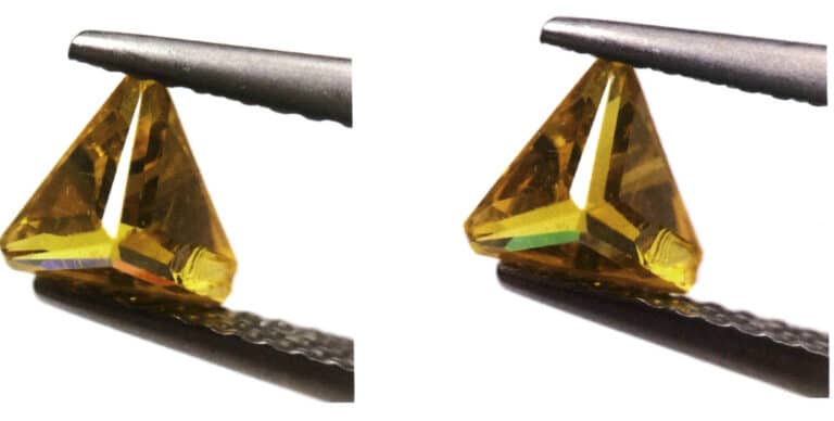 الشكل 2-3-115: عقيق ألومنيوم صناعي ملحوم بالنحاس بمعدل تشتت 0.028 (تُظهر الصورة اليسرى مناطق أرجوانية فاتحة ومناطق حمراء مائلة إلى الحمرة، بينما تُظهر الصورة اليمنى مناطق زرقاء مائلة إلى الخضرة الفاتحة).