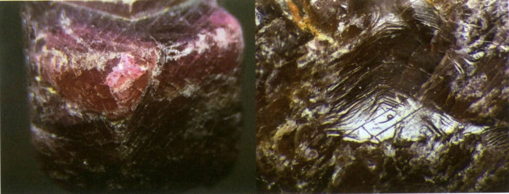 الشكل 2-4-14 انقسام الياقوت الأحمر تحت الضوء المنعكس (إلى اليسار يظهر خطوطًا متوازية على المستوى العاكس، وإلى اليمين يظهر سطح الكسر المتدرج)