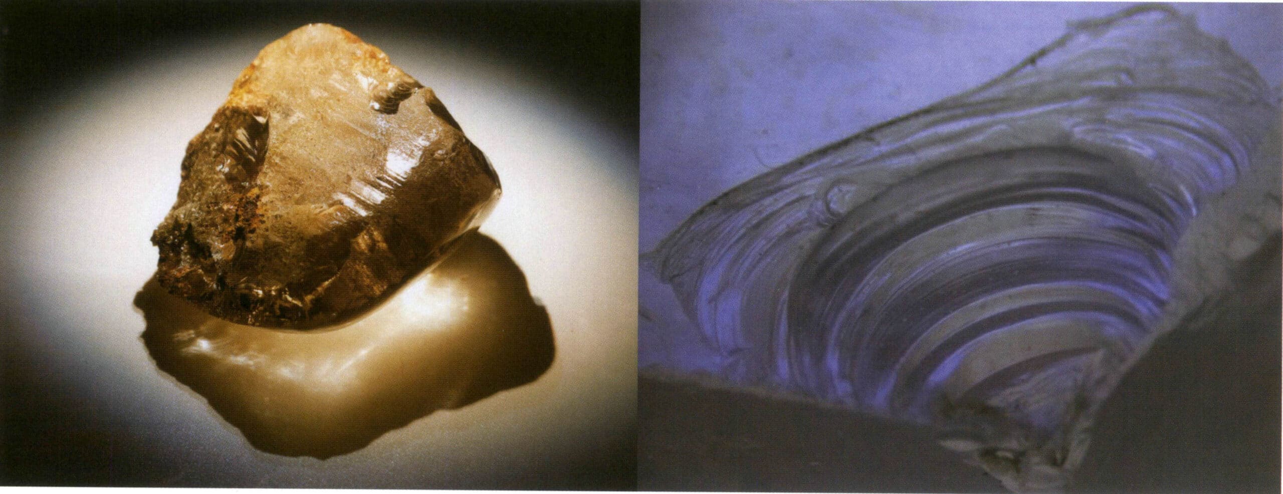 توضح الأشكال 2- 4-16 كسر الكوارتز (الجزء المقعر هو كسر القشرة، والخطوط على السطح المستوي هي خطوط النمو).