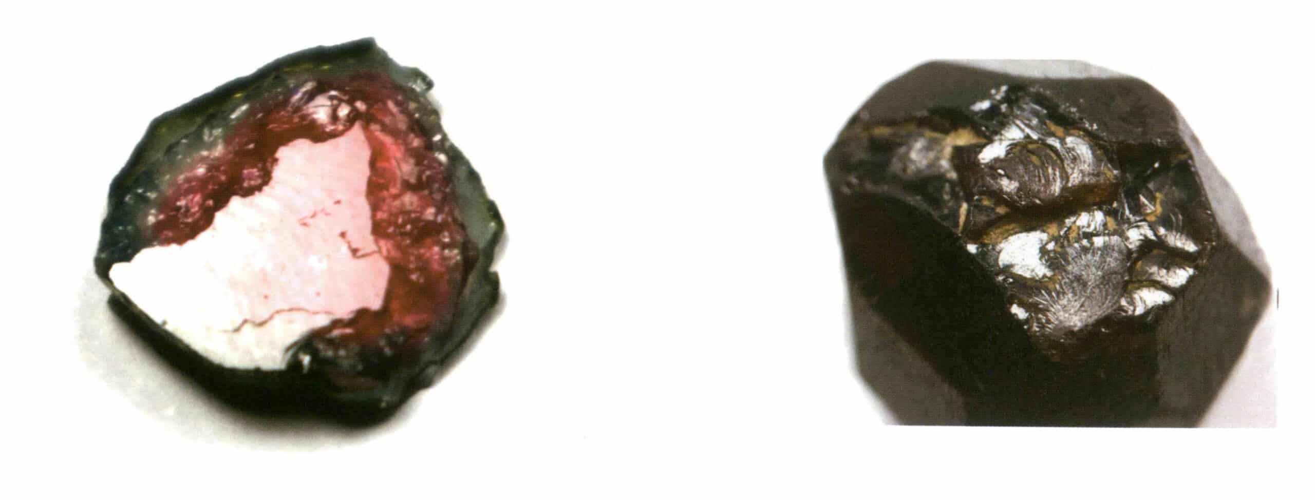 يوضح الشكل 2-4-17 كسر التورمالين على اليسار وكسر العقيق على اليمين (كسور متعددة متداخلة).