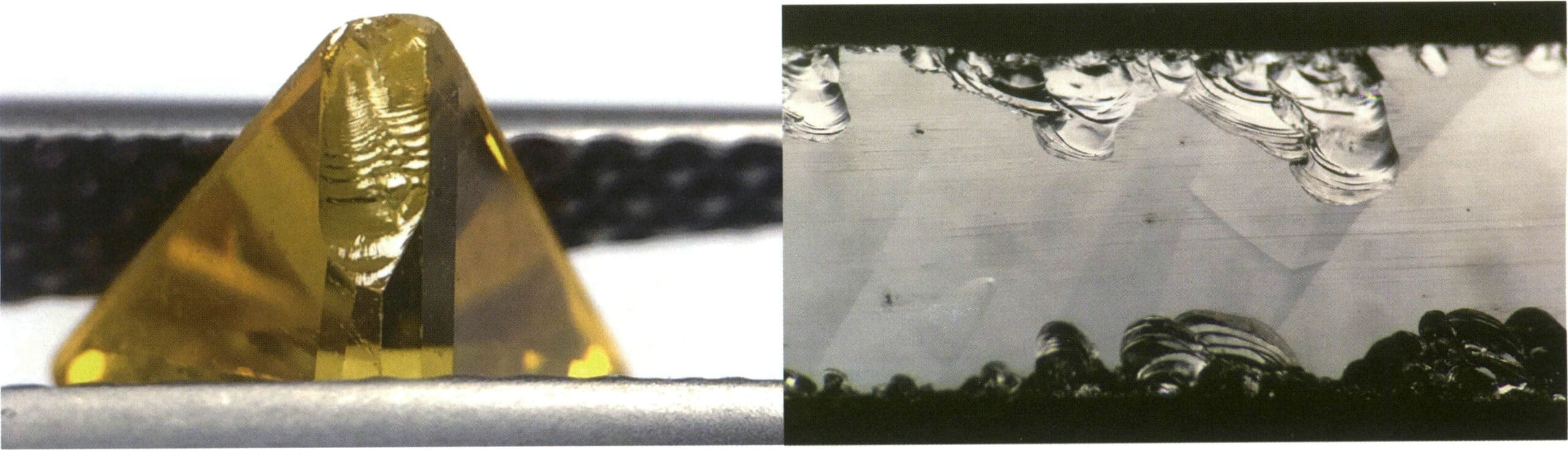 الشكل 2-4-19 تحت الضوء المنعكس، يُظهر سطح الأحجار الكريمة الاصطناعية كسرًا يشبه الصدفة مع بريق دهني (على اليسار عقيق الألمنيوم الصناعي الملحوم بالنحاس، وعلى اليمين بلورة الزمرد المصنعة مائيًا حراريًا).