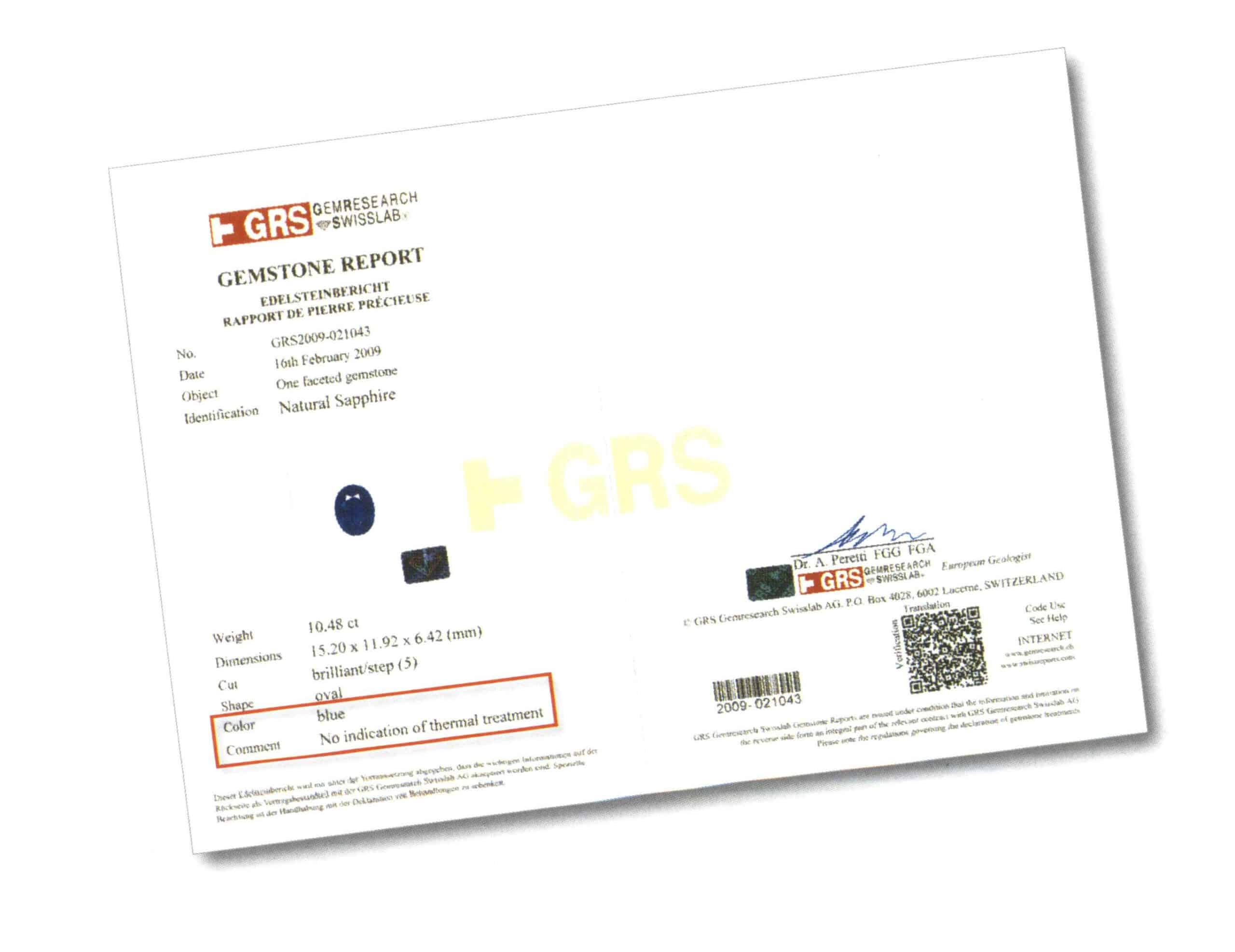 Zaffiro certificato GRS, Il certificato recita: "Zaffiro naturale senza trattamento termico.