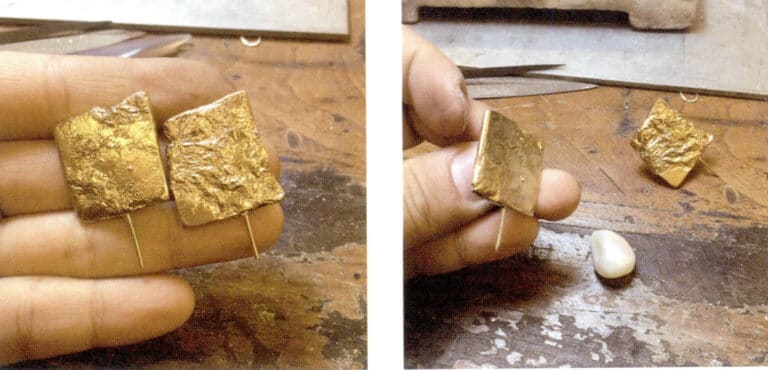 2. Weld the pearl and ear needles onto the metal that has completed the wrinkling.