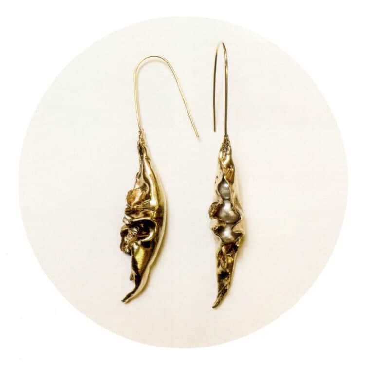 Xiebai, gold pod earrings, brass, baroque pearls
