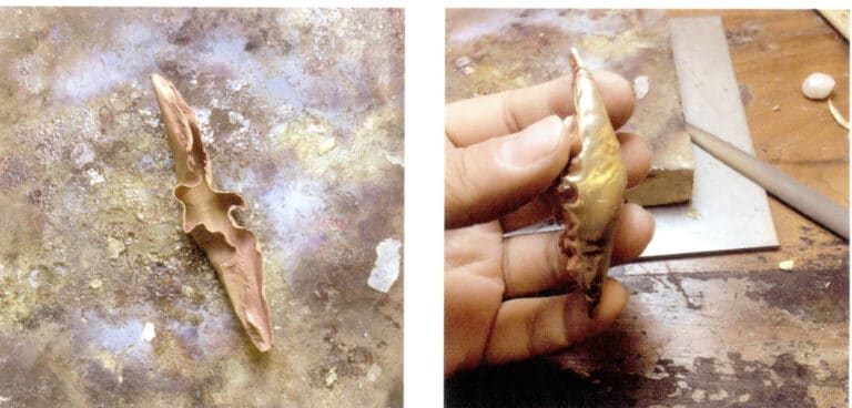 2. Use the wrinkling technique to melt the metal edge for a naturally flowing effect, and after acid washing, use a file to smooth the rough edges.