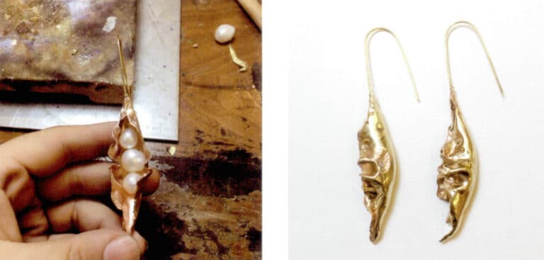 4. Leave an appropriate space to insert three baroque pearls, and use pliers to clamp and secure them. Use an agate burnisher knife to burnisher the protruding part of the pod to the desired height, completing the process.