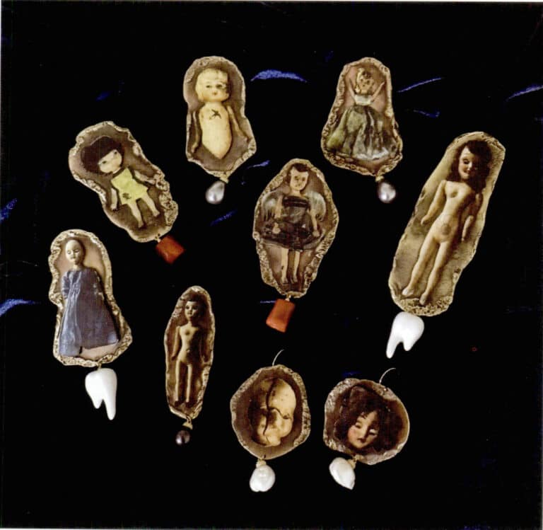 Museum Fantasy Night series jewelry, brass, vintage doll wood pieces, baroque pearls, ceramics, sea bamboo coral, etc.