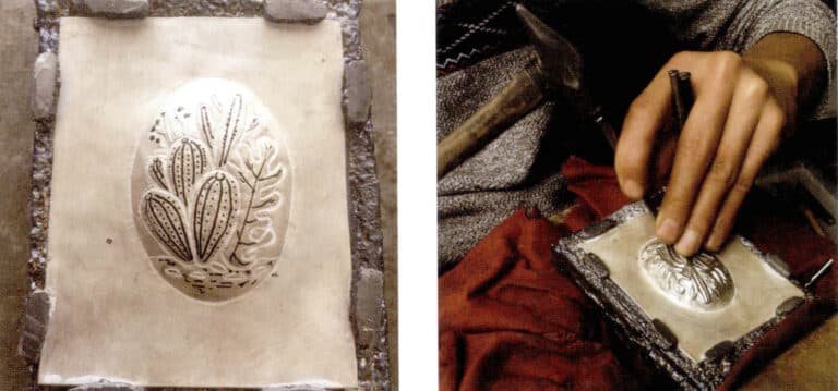 11. Use a marker to clearly outline the pattern, use a lead block as a base, and carve with different chisels with a hammer.