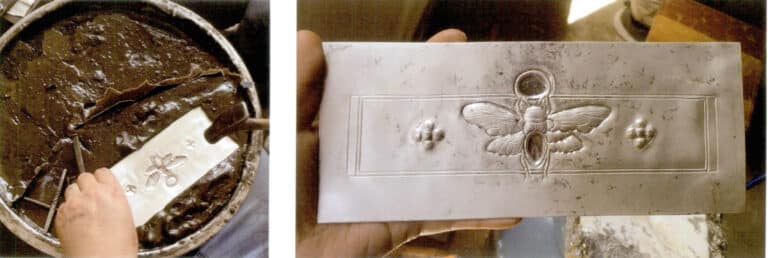 6. After knocking out the insect wings and flower parts, remove the silver plate, secure the back with rosin, face up, and knock out the grooves for the gemstone inlay.