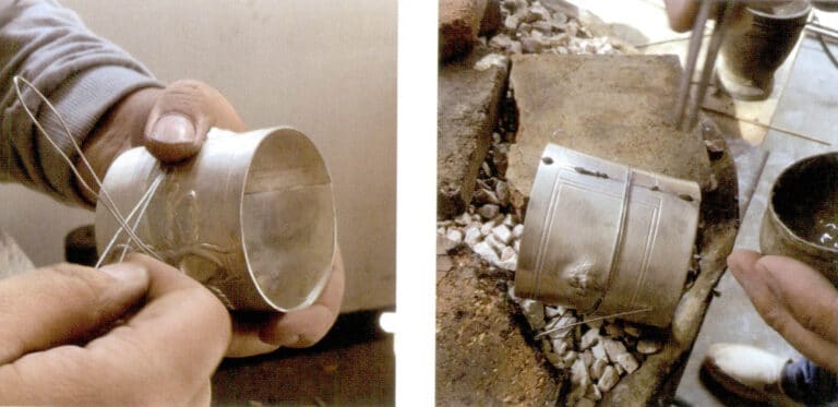 7. Shape the silver sheet into a circle, tightly wrap it with steel wire, and place it into a paste-like solder for welding, turning it into a cylindrical.