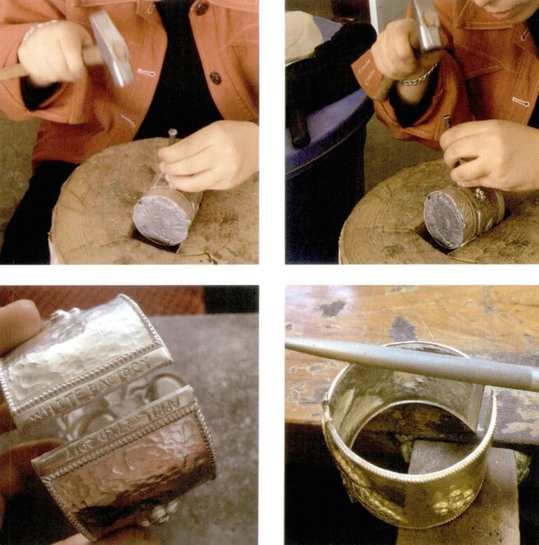 11. Use a flat-head chisel to create a subtle hammer texture on the main part of the bracelet, then use a fine chisel to engrave the name and date.