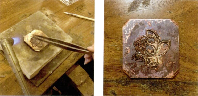 4. Heat the lotus part with a blowtorch to weld the copper wire onto the plate.