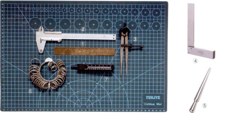 ① Linjal i stål; ② Skyvelære; ③ Kompass; ④ Firkant; ⑤ Ringmåler; ⑥ Ringdimensjonering; ⑦ Deler