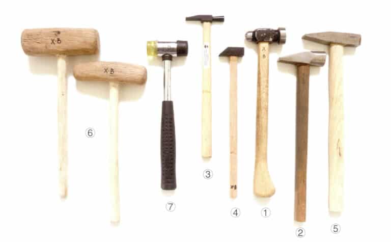 ① Jakthammer; ② Stikke- og settehammer; ③ Naglehammer; ④ Sledehammer; ⑤ Teksturhammer; ⑥ Trehammer; ⑦ Gummikølle