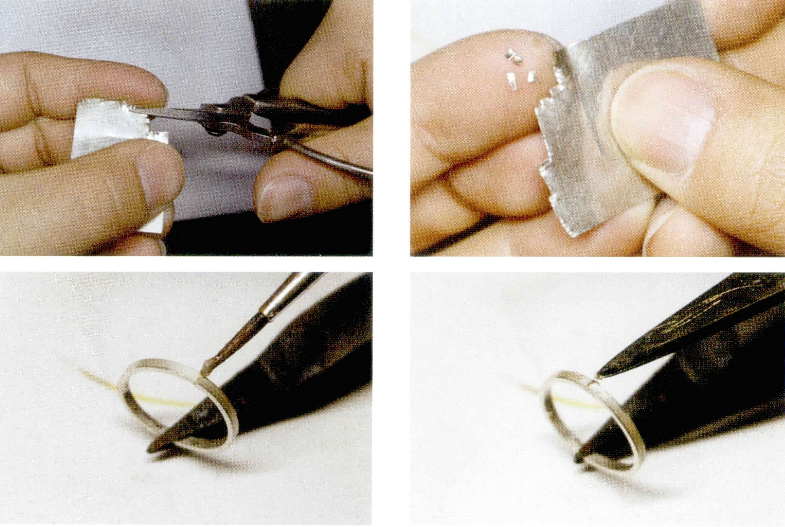 Подготовьте материалы для пайки: Осторожно нанесите кисточкой буровый флюс на спаиваемые участки, затем положите паяльный материал. Обратите внимание, что паяльный материал должен быть разрезан на небольшие кусочки маленькими стальными ножницами. На начальном этапе пайки располагайте паяльный материал рядом с паяемым зазором. Если паяльный материал очень тонкий, его также можно зажать в паяльном шве, а после закрепления железной проволокой или пинцетом положить на огнеупорные кирпичи или плитки.