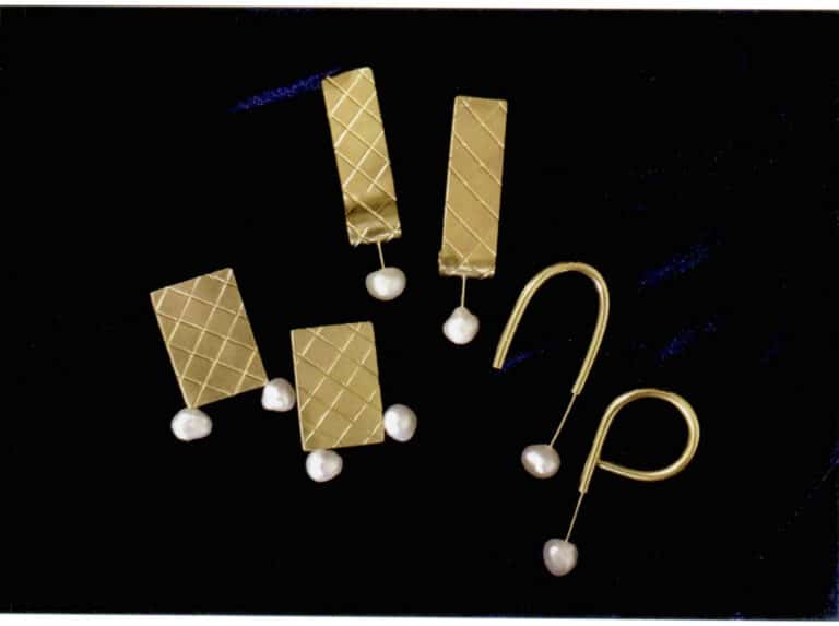 Xiebai, diamond-patterned chocolate, earring series, brass, baroque pearls