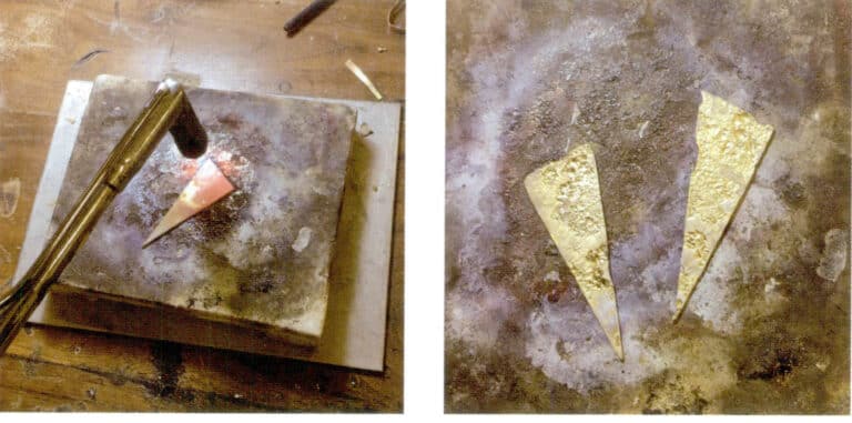 1. Heat the cut brass metal pieces using a large and soft flame to heat all around. Once the brass gradually turns red, adjust the flame to a hard fire for localized heating, allowing that area to gradually reach a melting effect, adjusting the heating area as needed.